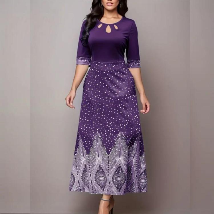 

Элегантное платье с цветочным принтом, с рукавом три четверти и круглым вырезом для женщин, для вечеринки, банкета, с вырезами 5XL темно-фиолетового