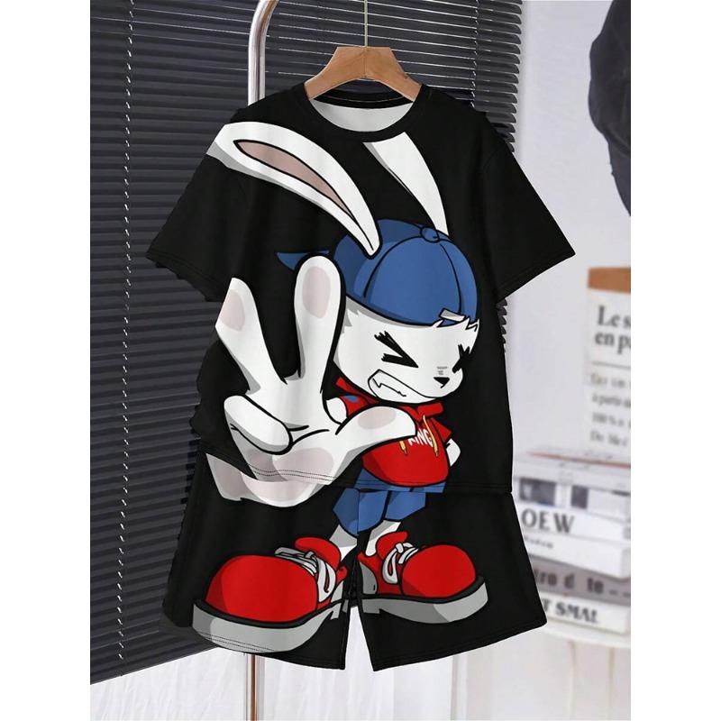 Men Clothes 2pcs Boys Fun Cartoon Bear Print Short Sleeve T-Shirt Shorts Set Summer Active Boys Complete Stylish Look