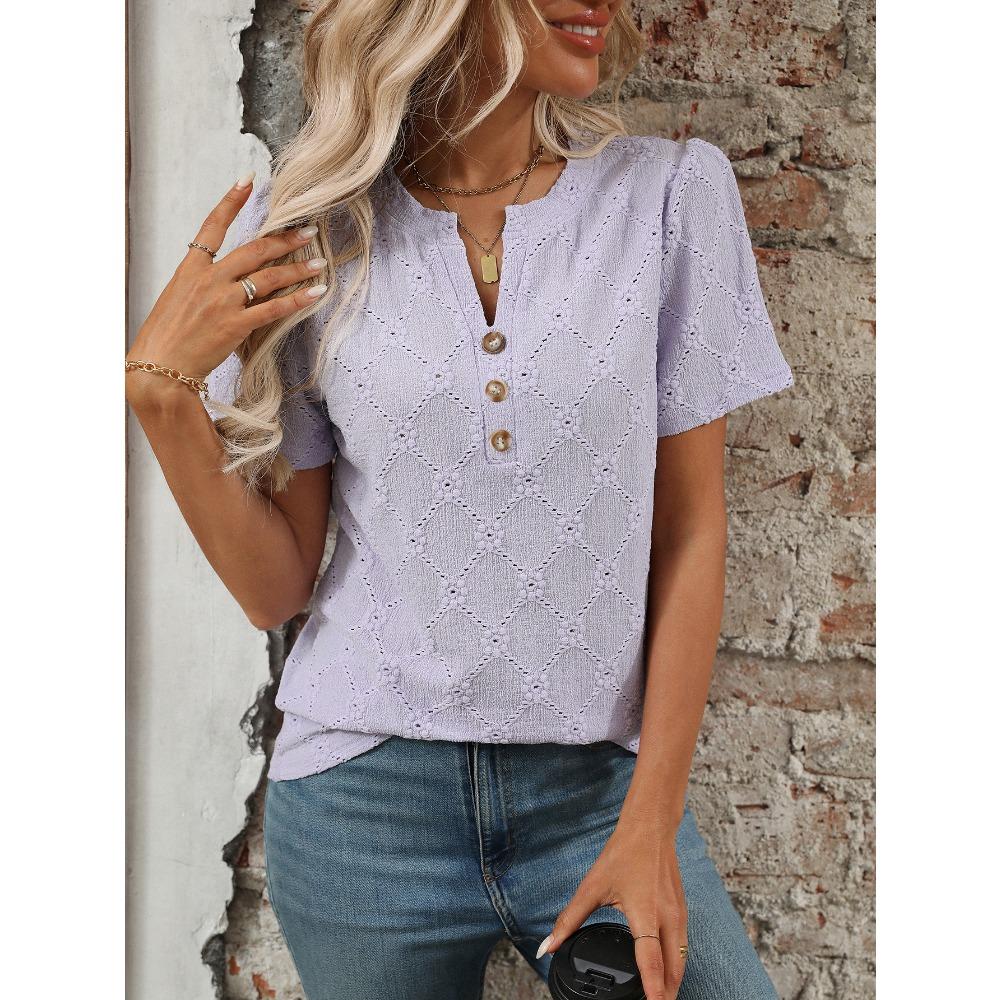 Ny sommer topp med rund hals og korte ermer med blomsterjacquard og knapper for kvinner