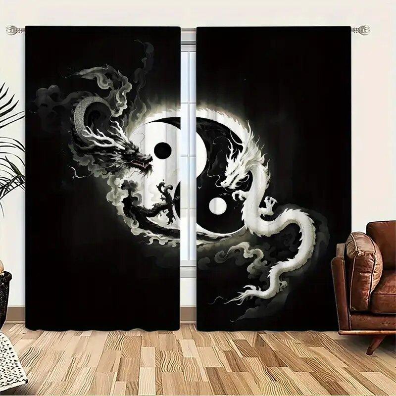 2pcs- Yin-Yang Dragon Totem Art Pattern Printed Curtains   Window Decorations   Home Decorations   Room Decorations