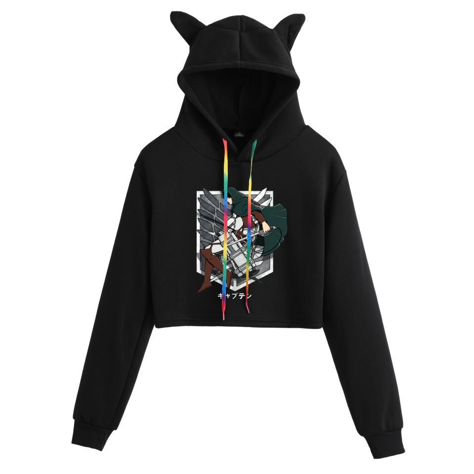 Attack on Titan Women's Cropped Hoodie with Cat Ears - Mikasa & Eren Wings of Freedom Anime Merchandise