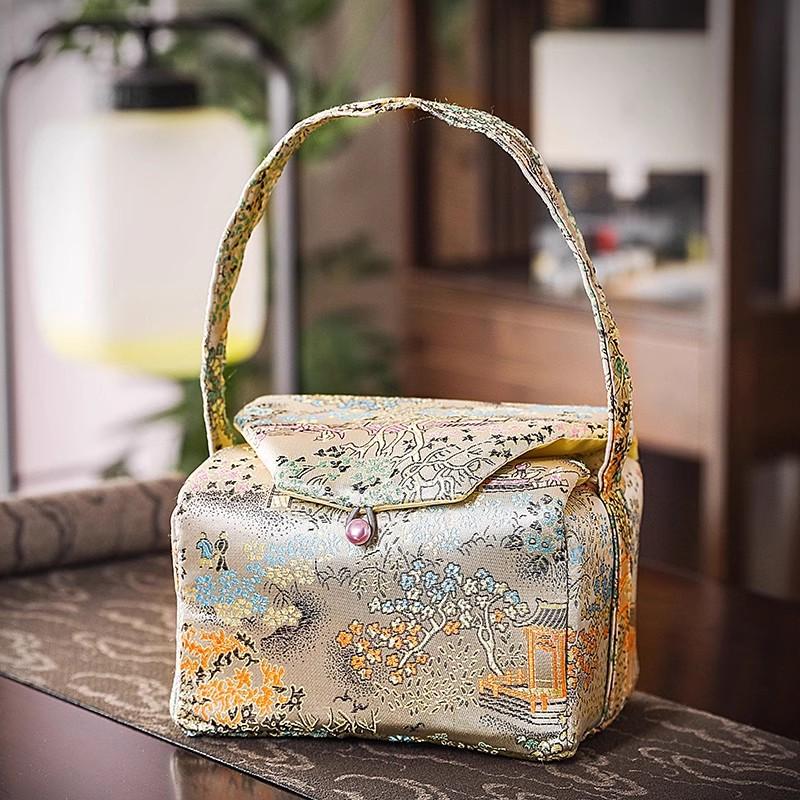 Printed Storage Bag with Cotton Lining, Small Travel Handbag Simple One-pot Two-Cup Set Teacup Bags