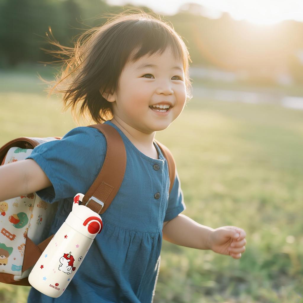 SANTECO 500ml Water Bottle with Direct Sports Drink Carbonated Drink Keeps Drinks Cold or Vacuum 316L Stainless and Hanging Buckle Children's Straw,