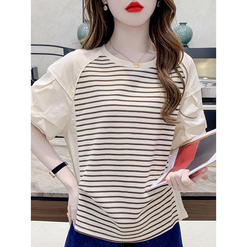Women's Summer Short-Sleeve T-Shirt 2026 New Design for Petite Figures, Unique Striped Patchwork Shirt-Style T-Shirt, Stylish Top