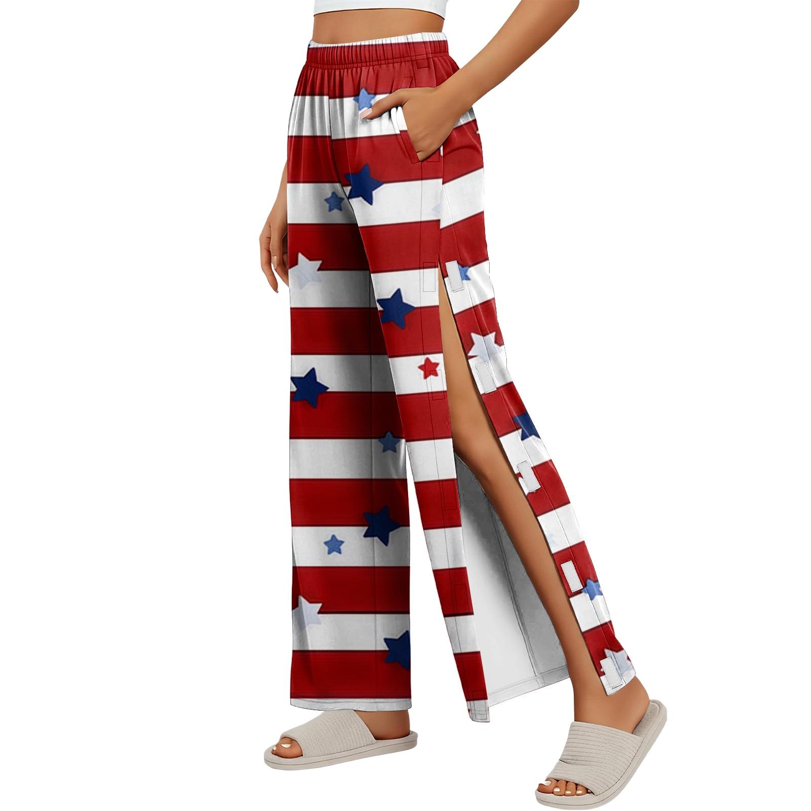 

Women Independence Day Print Side Velcro Closure Pants Post Surgery Recovery Care Long Lounge Pants with Adjustable Opening M киноварь