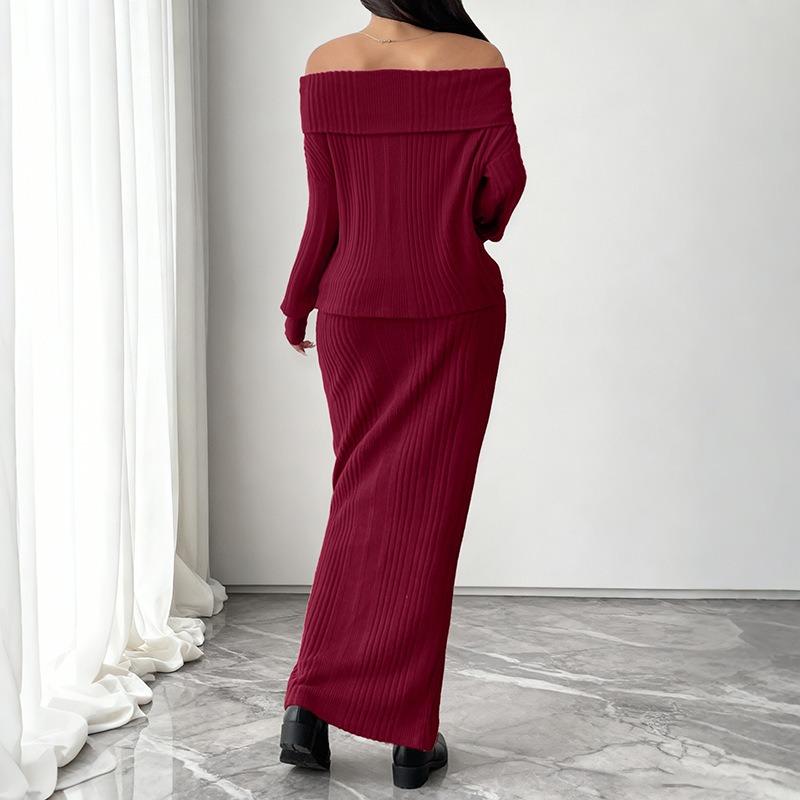 Women's Fashion Casual Solid Color Print Autumn Winter Long Sleeve One Shoulder Skirt Suits
