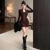 Women's Retro Coffee Stand Collar Long Sleeve Bodycon Dress - Autumn/Winter Slim Fit, Elastic Short Skirt, Hot Girl Base Layer.