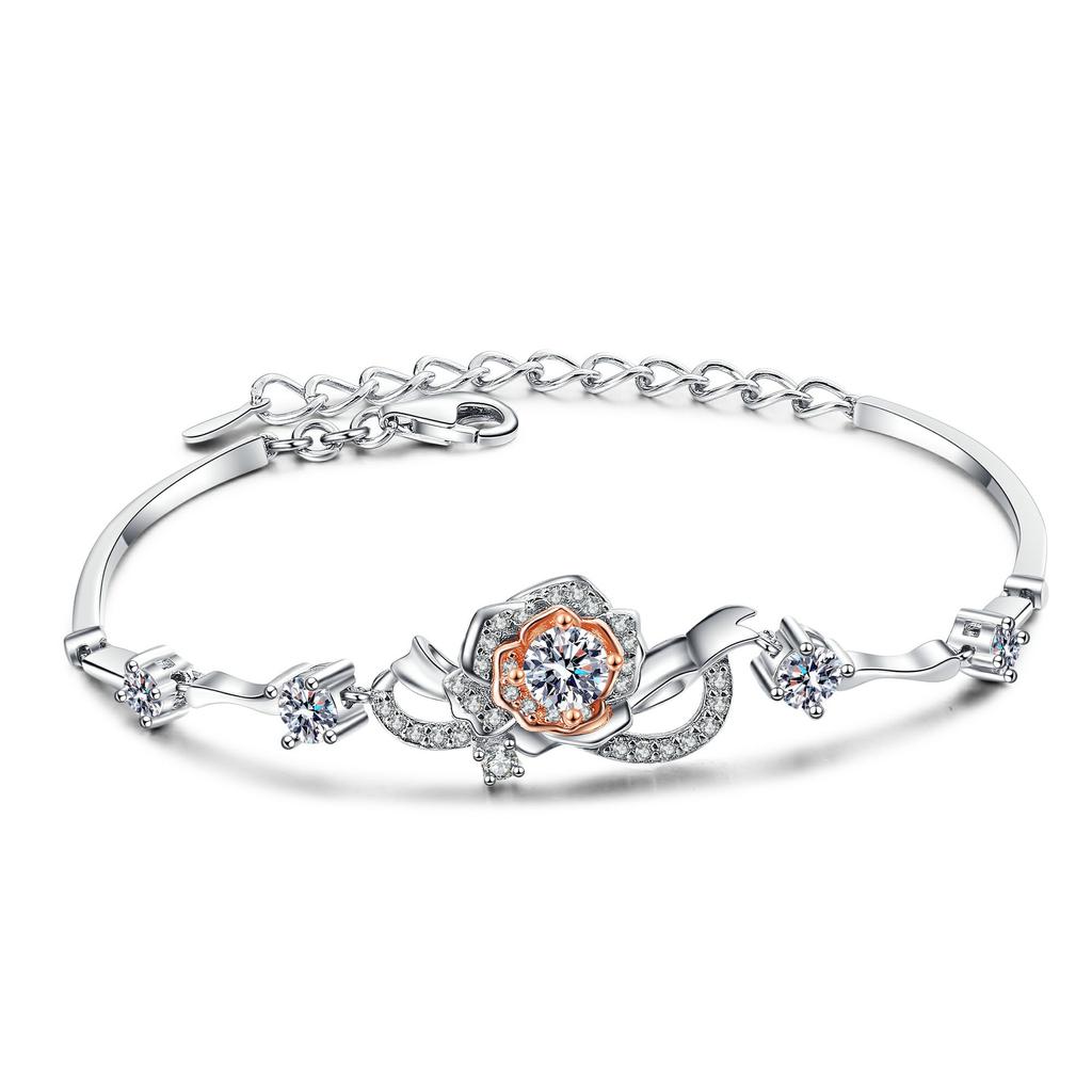 Color Separation Rose Bracelet Women's S925 Silver Plated Pt950 Platinum Moissanite Diamond Bracelet