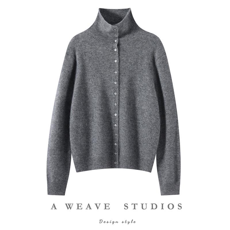 Women's High-Neck Cashmere Knit Cardigan - Solid Color, Single-Breasted, Loose Fit, Slimming Winter Coat