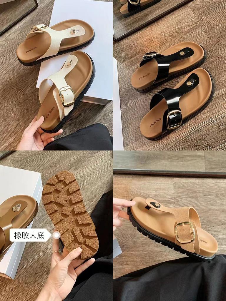 In stock! Grape mother has the same toe and wide surface adjustable square buckle flat bottom thick bottom Birkencool slippers for women's summer wear