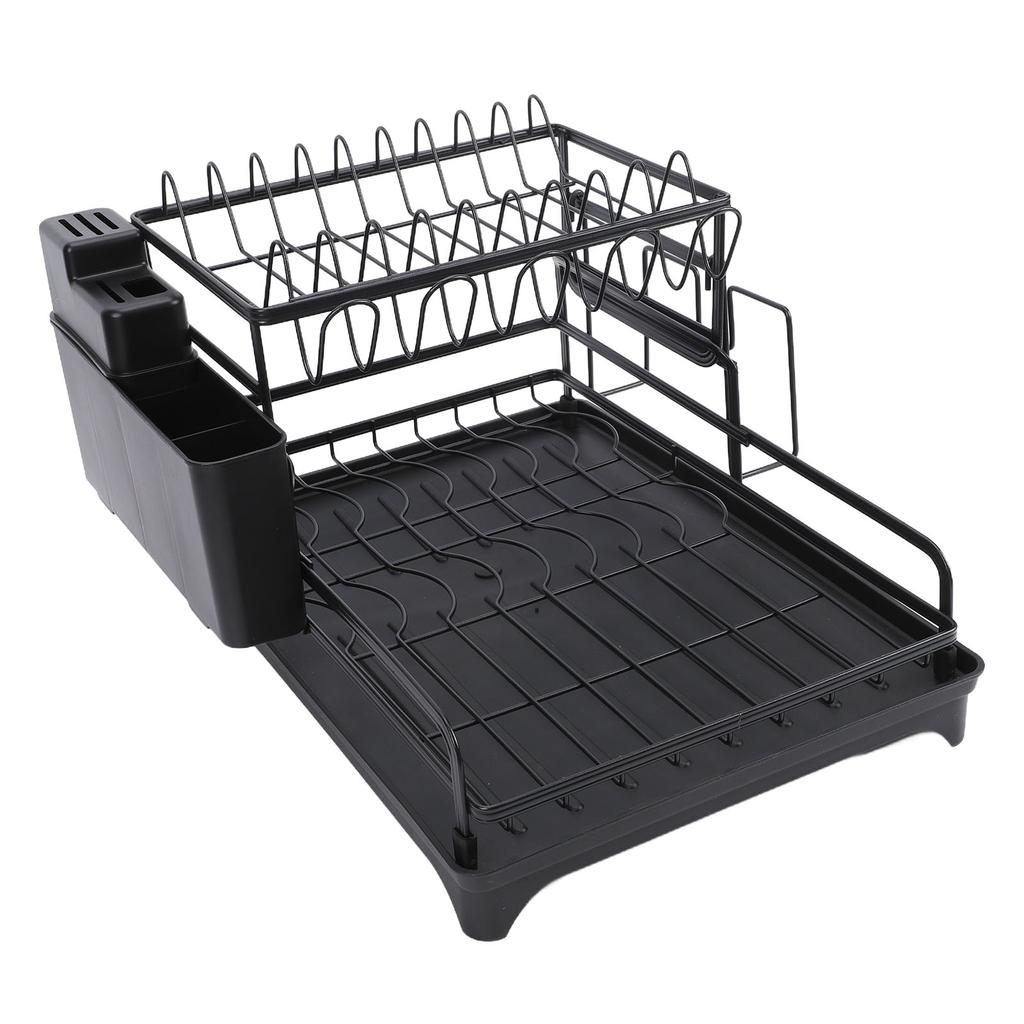 Dish Drying Rack Black Minimalist Space Saving Carbon Steel 2 Tier Dish Drainer for Kitchen Counter
