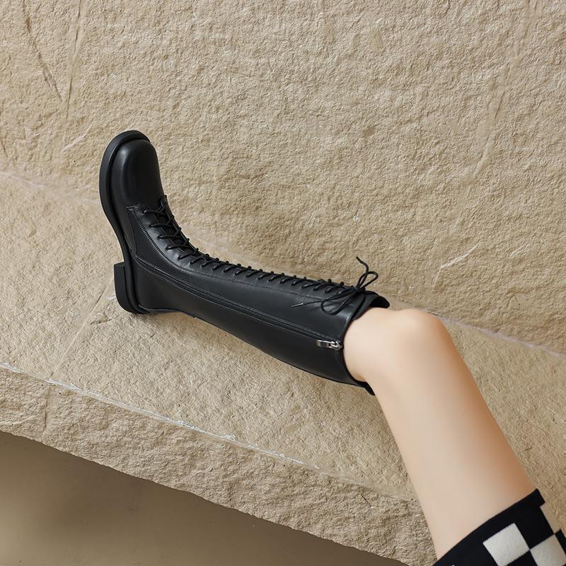 Krazing Pot Cow Split Skin Autumn Winter Shoes Concise Thick Heels Size 41 Thigh High Boots Keep Warm Round Toe Slip On Retro Knee Boots