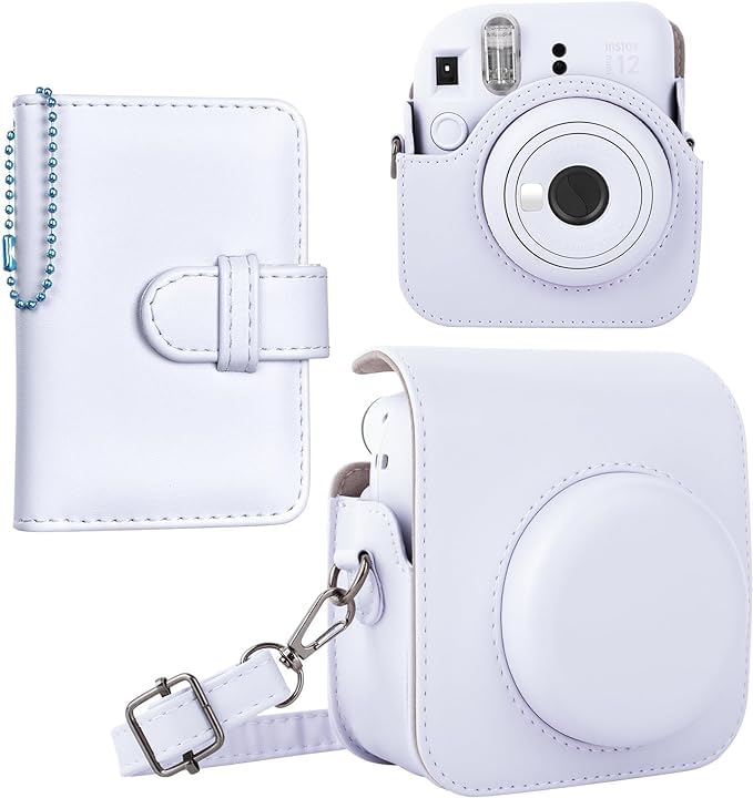 

HIYQIN Instax Mini 12 Fujifilm Instax Mini 12 Case and 28 Photo Album Instax Mini 12 Camera Case with Shoulder PU Leather White Case, Set, Strap, - білий