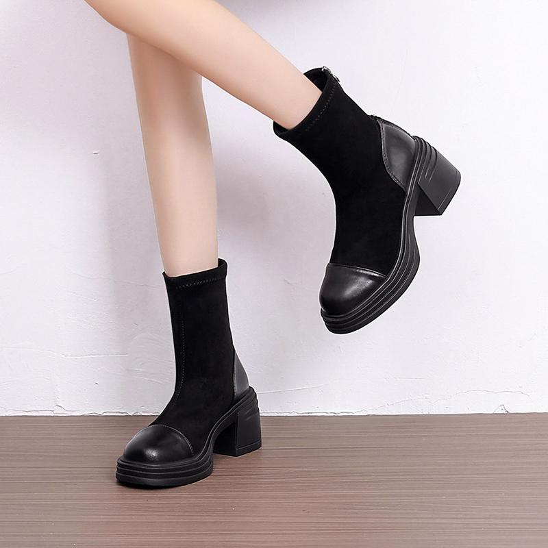 Winter Short Plush Inside Women Ankle Boots Platform Thick Heels Shoes Fashion Banquet Party Stretch Slim Short Botas Mujer