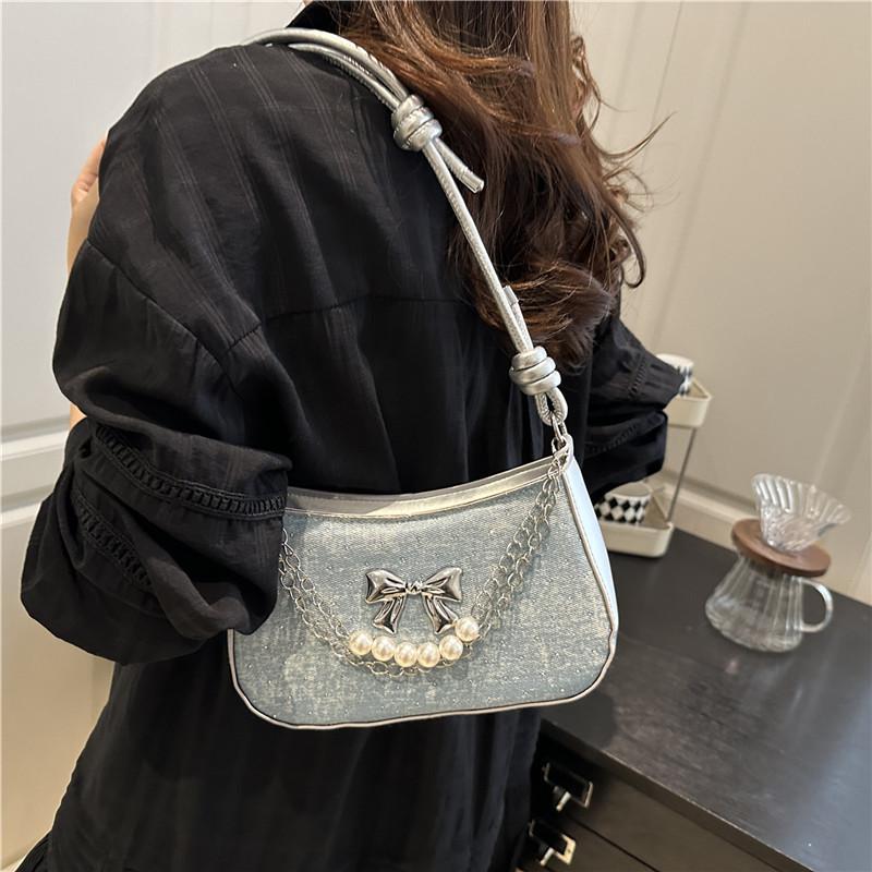 Metal Bow Women's PU Small Shoulder Bag Pearl Chain Sweet Cool Girls Underarm Bags Handbags Portable Female Messenger Bag
