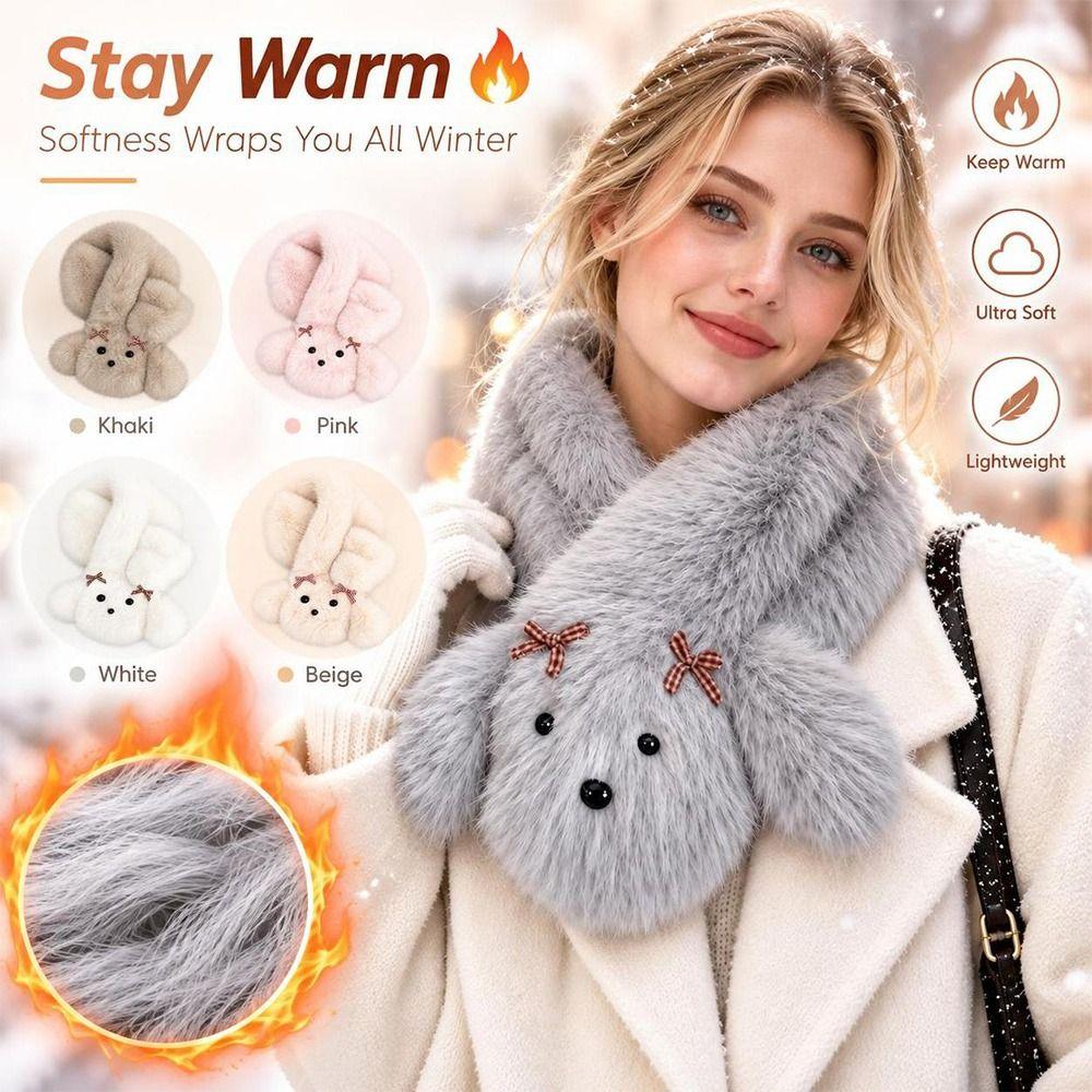 Thick Warm Cartoon Dog Scarf Bow Decor Neck Wrap Cute Winter Scarf Women