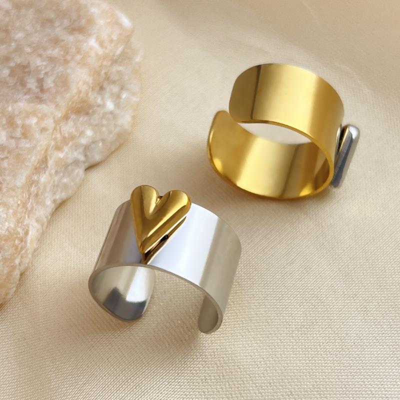 New Design Gold Copper Color Two Tone Metal Heart Stainless Steel Rings For Women Men Trendy Jewelry Valentine'S Day Gifts