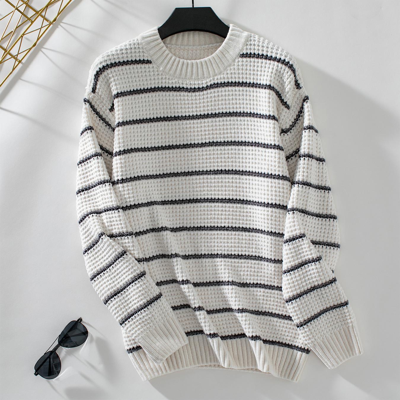 

Vintage Loose Knitwear Cardigan Sweater Top Long Sleeve O Neck Stripe for Autumn Winter XL бежевый