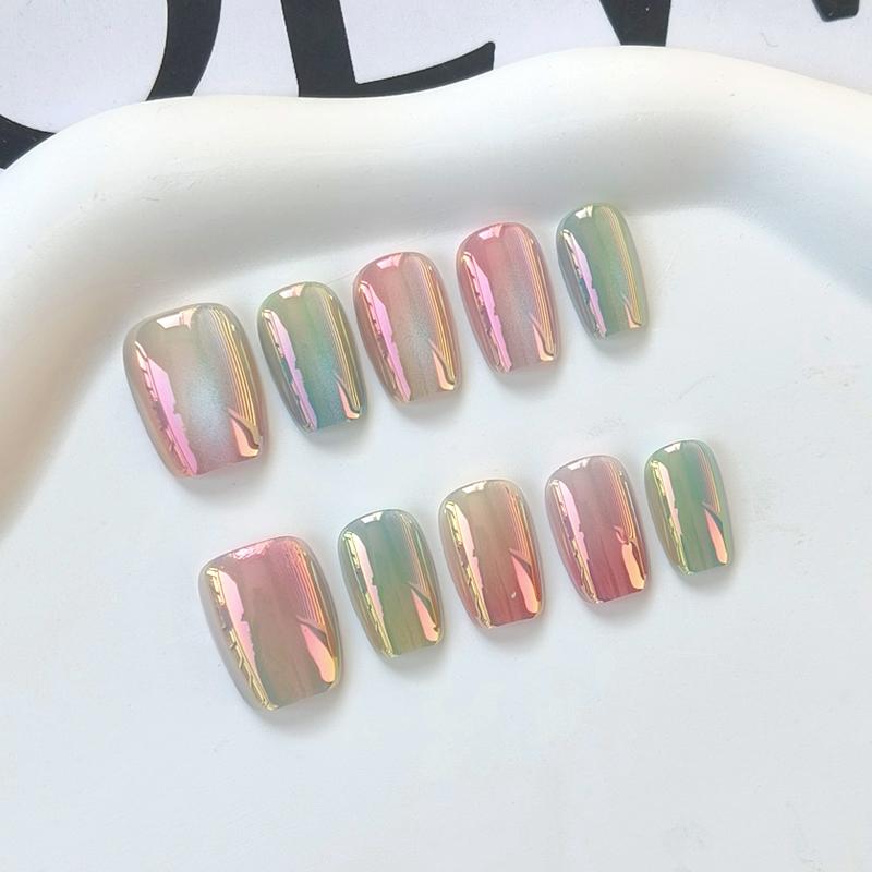 10Pcs Electroplated Colorful Cat Eye Glass Short Round Square Head Press On Nails Versatile False Nail Tips For Women