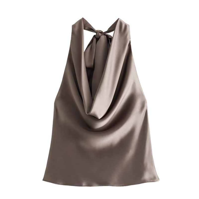 Kaslead New Arrival Women's Clothing Fashion Style Silk Satin Texture Hanging Collar Tops 8432331