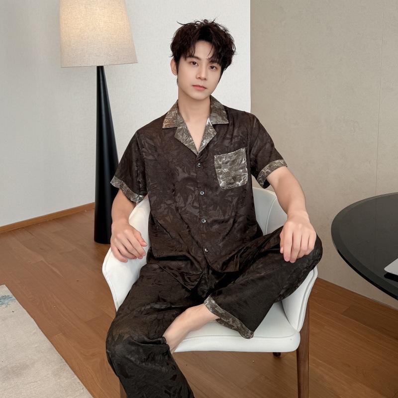 Men's pajamas men's ice silk loungewear long-sleeved trousers cardigan 1011 new high-end men's thin suit