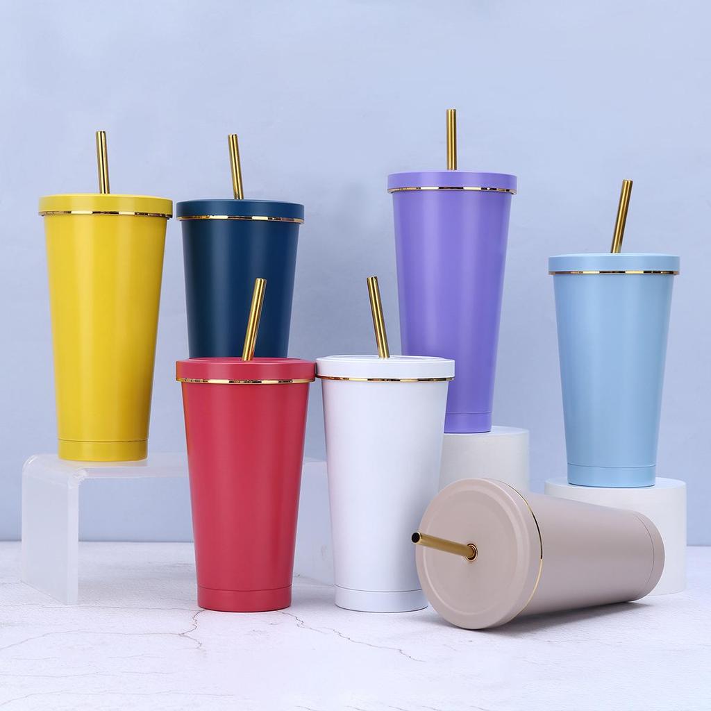 In Stock 304 Stainless Steel Straw Cup with Gold Rim - Portable Outdoor Thermos for Car Use