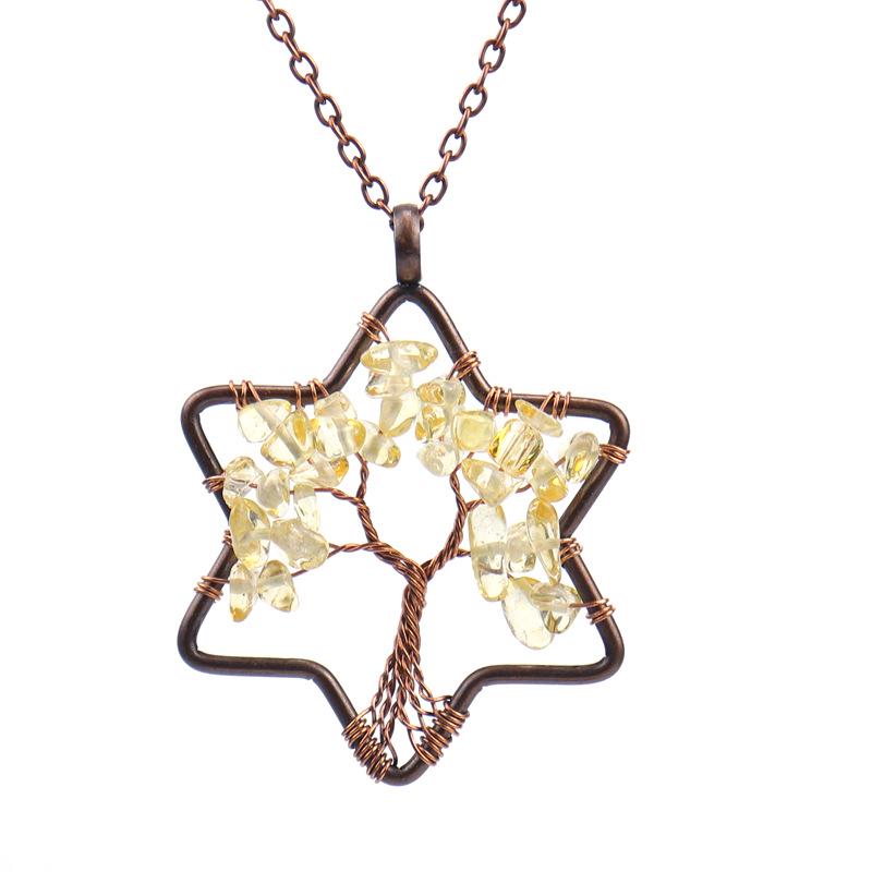 Handmade Wire Wrapped Six-Pointed Star Tree of Life Necklace with Natural Crushed Stone Crystal Beads