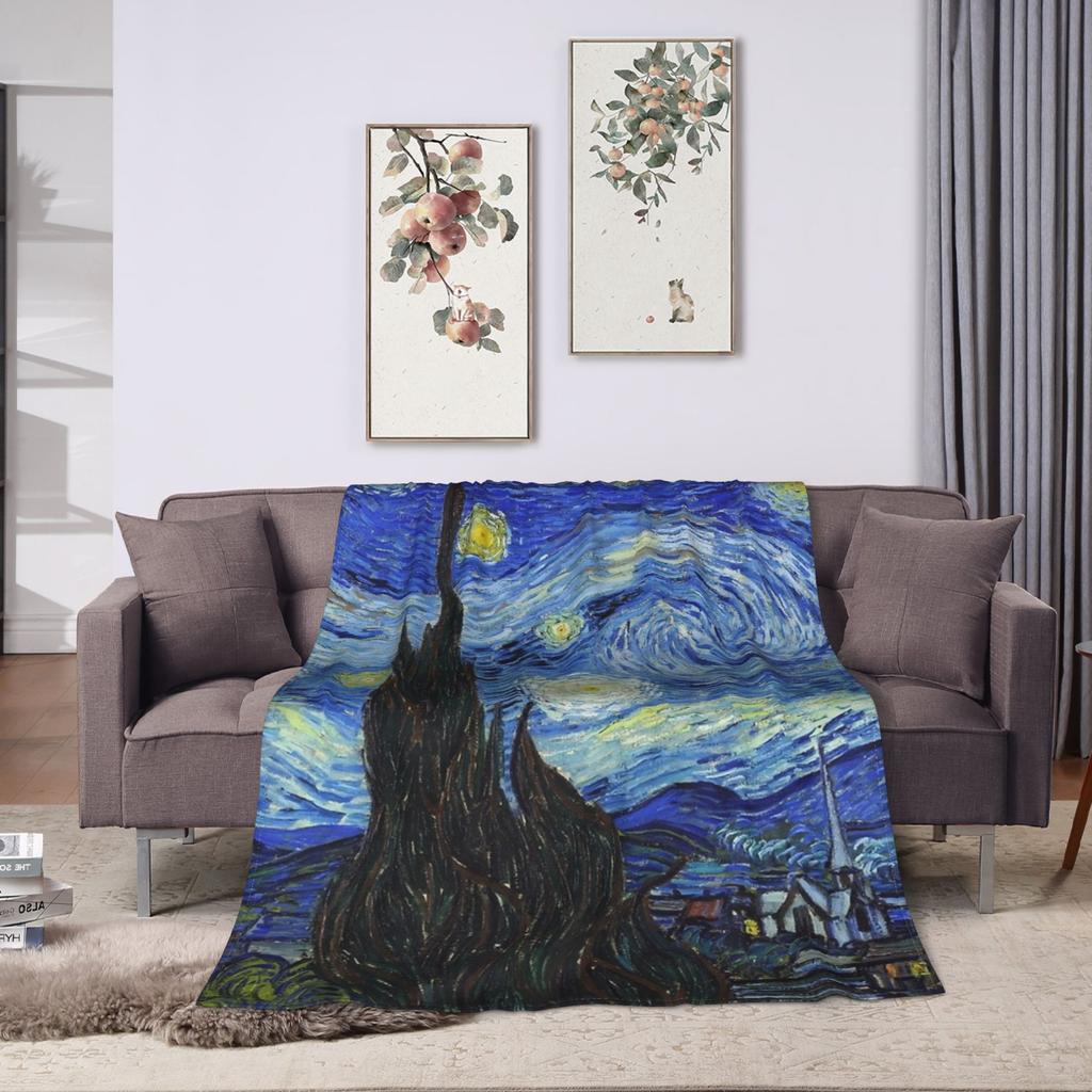 Vincent van Gogh Starry Night Blanket Super Warm Plush Throw Blanket For Couch Chair Airplane Travel Flannel Bedspread Bed Cover