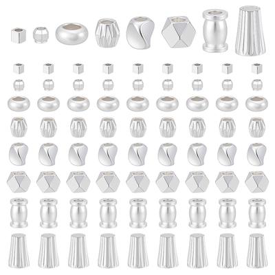 80Pcs 8 Styles Brass Spacer Beads, Long-Lasting Plated, Mixed Shapes, Silver, 2~7x2~5mm, Hole: 1~2mm, 10pcs/style