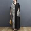 Big Size Women's Summer New Cotton and Linen Retro Colour Blocking Long Dress Large Pockets V-neck Long Gown Women's Dresses