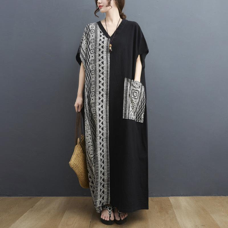 Big Size Women's Summer New Cotton and Linen Retro Colour Blocking Long Dress Large Pockets V-neck Long Gown Women's Dresses