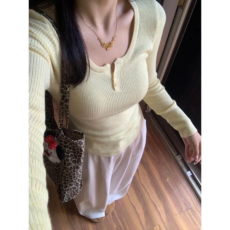 Half-open Neck Button-neck Knitted Long-sleeved Bottoming Shirt Women's Spring Tight-fitting Pure Wind Inner Top Sweater