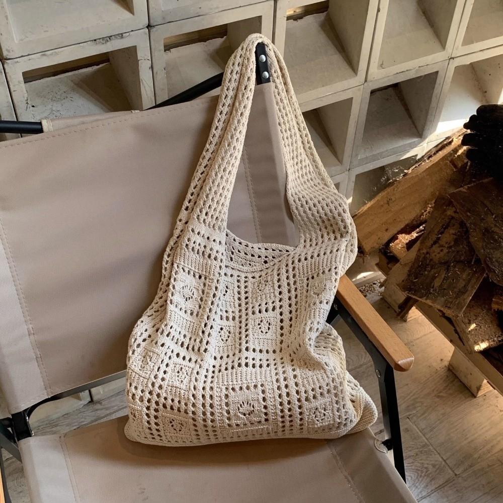 Hollow Crochet Mesh Bag Solid Color Beach Tote Bag Fashion Knitting Shoulder Bag  Ladies