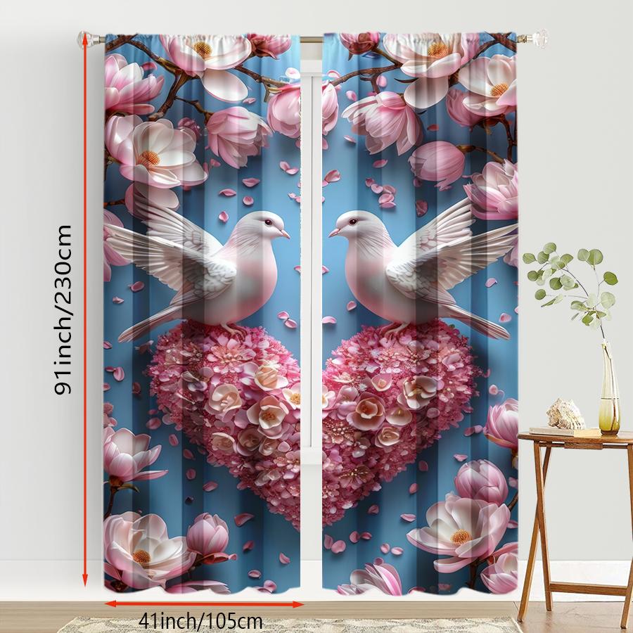 2PCS Blue Base Pink Flower White Dove Heart Curtains   Spring Blossoming Romance   Bedroom and Living Room   Pull up Pocket Style