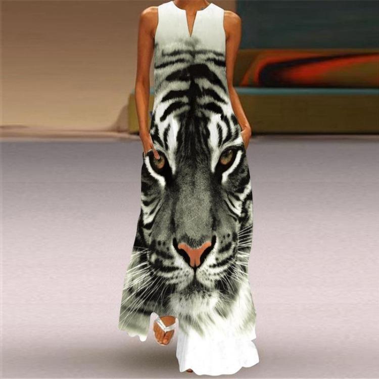 Retro Fashion Multicolor V-Neck Sleeveless Long Skirt Dress
