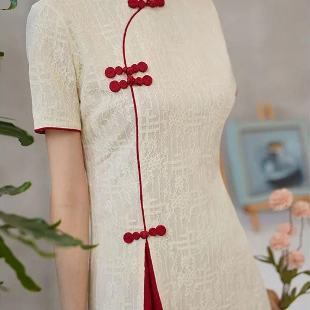 Long Fork Traditional Chinese Dress Short Sleeve Cheongsam Short Pattern Qipao Dress  Young Girls