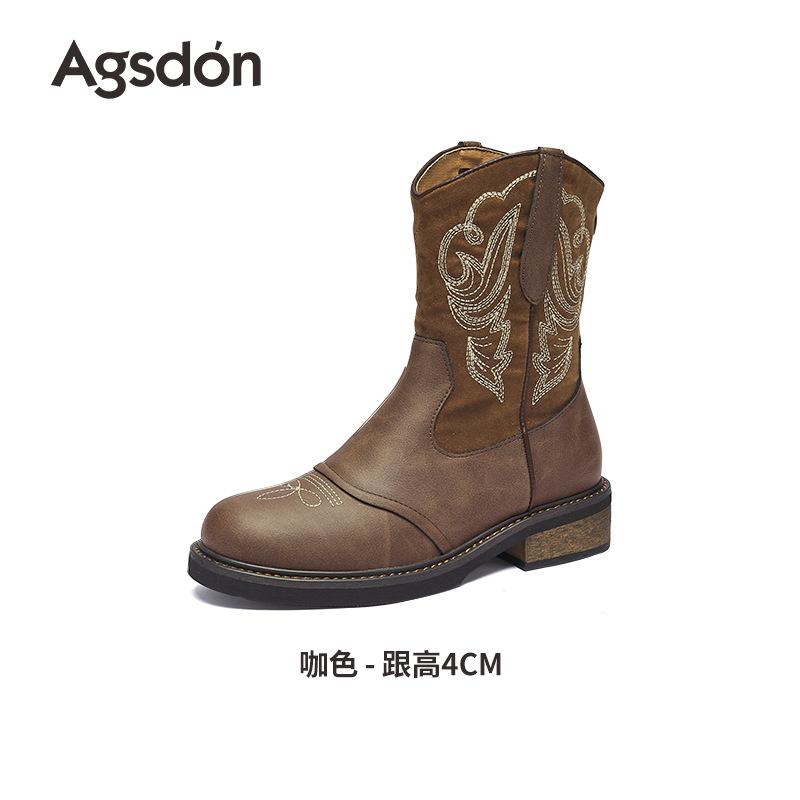 Ethnic style western cowboy boots new autumn and winter Maillard brown medium tube Martin boots