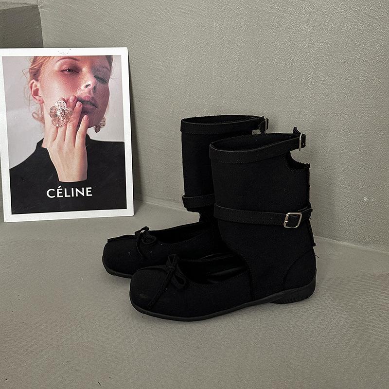 Retro Square Head Bow Women's Cool Boots Summer Hollow Wedge Heel Roman Sandals Skinny Short Boots Fashion Boots Tide