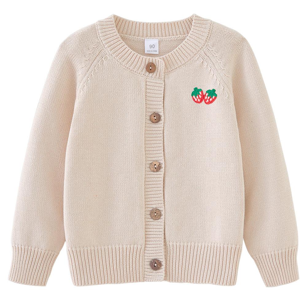 Spring and Autumn Children's Sweater Long-sleeved Jacket Pure Cotton Strawberry Round Neck Girl Knitted Cardigan Wool Top