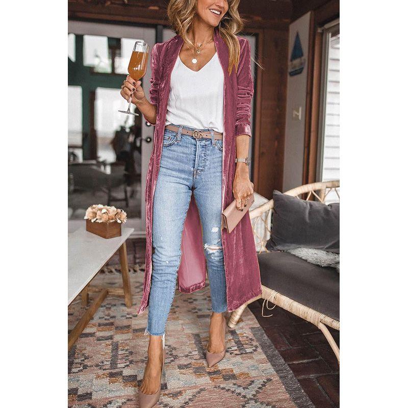 Fashion Loose Gold Velvet Stretch Mid Length Trench Coat