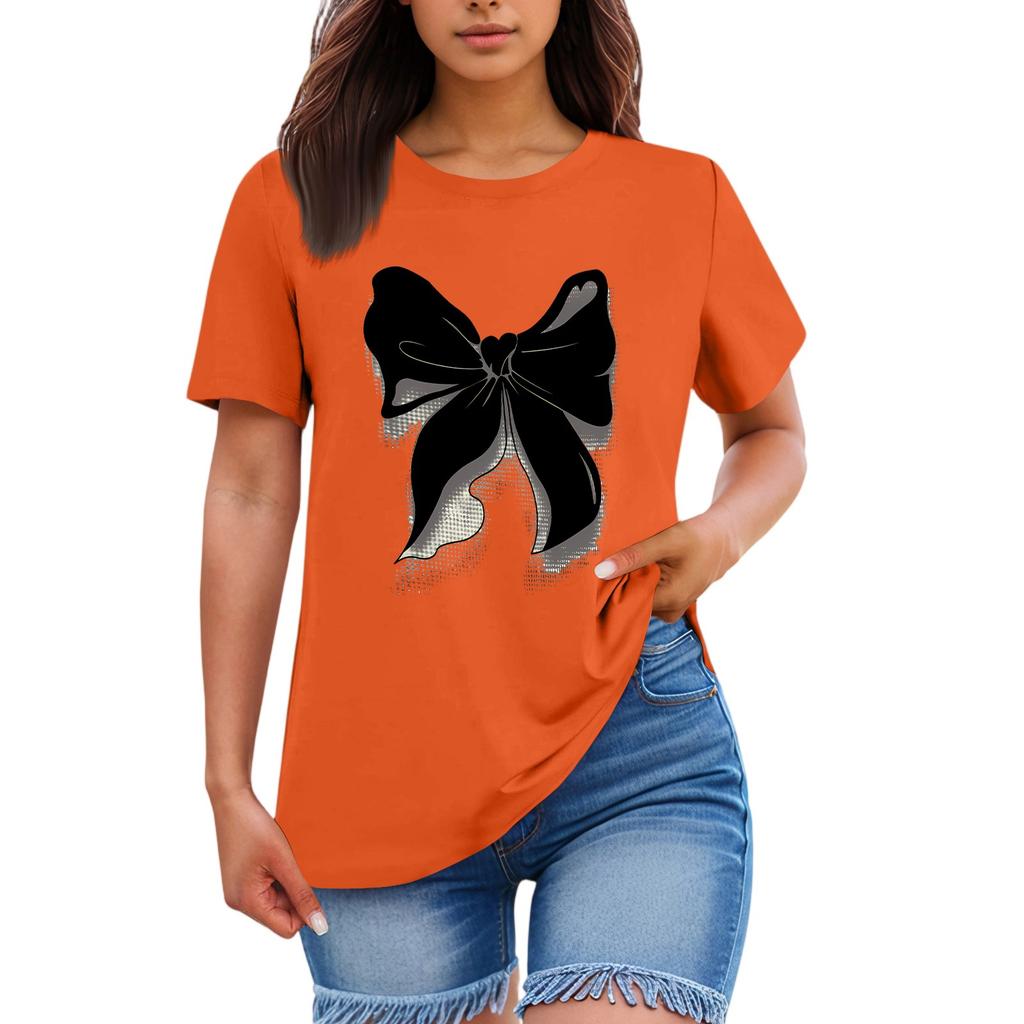 Ladies' Loose Comfortable Casual Fashionable  Bow Pattern Printed Round Neck Short Sleeved Shirt