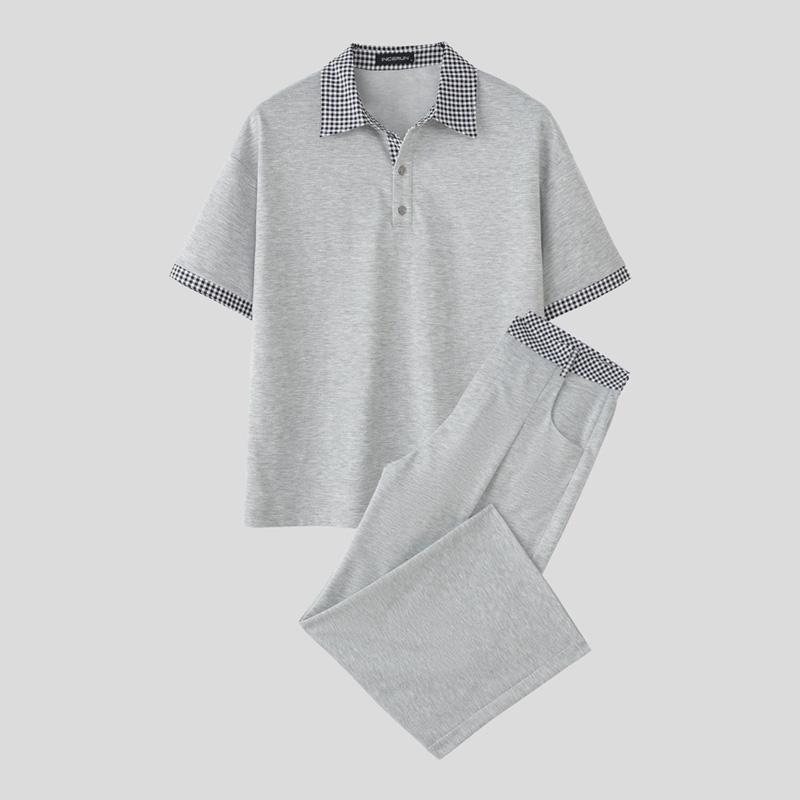 

INCERUN Two Pieces Men Lapel Neck Short Sleeve Plaid T-Shirt Long Straight Pants Sets Outfits 3XL серый