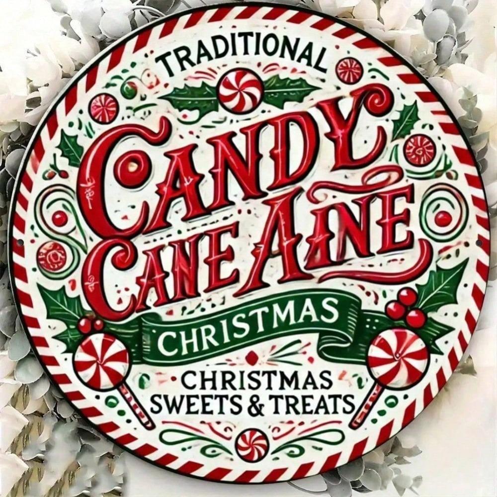 Christmas Tin Sign 8x8 Inch Round Gingerbread House Holiday Wreath Wall Art Home Bar Decoration