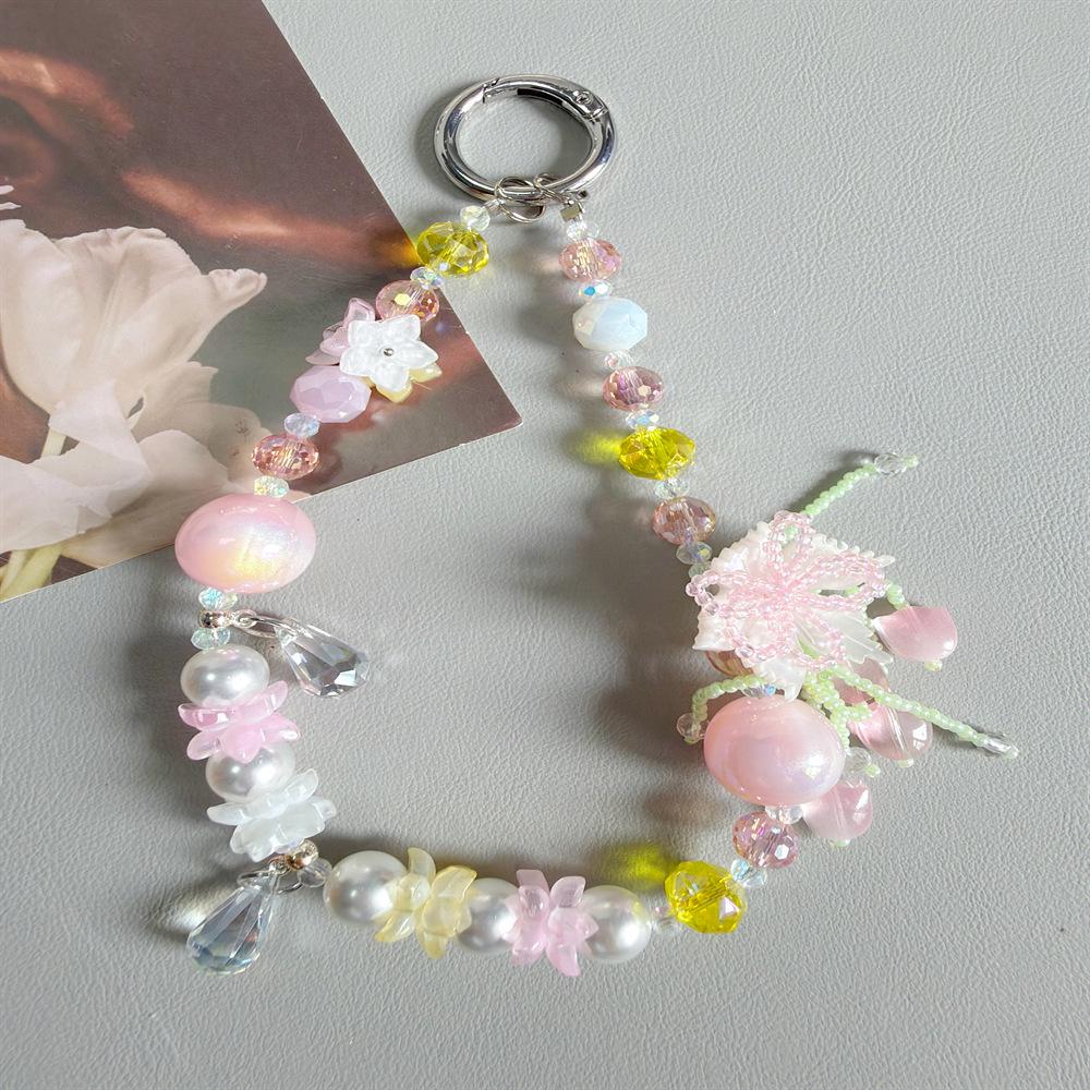Handmade Fresh Flower Crystal Beaded Phone Wrist Lanyard & Keychain