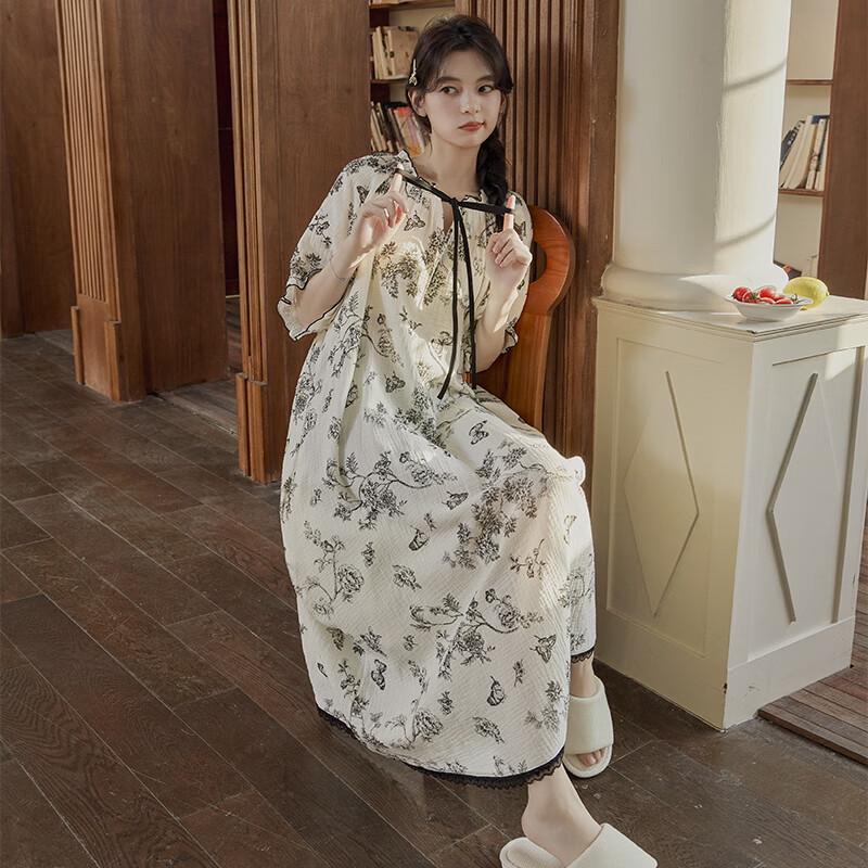 XueZhongFei Women's Summer Ruffle Hem Mid-Length Sleep Dress with Built-in Bra