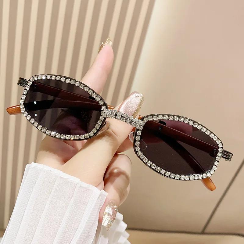 Oval Vintage Diamond Sun Glasses For Men  Women  Wood Grain Temple Sunglasses Outdoor Leisure UV400 Eyewear