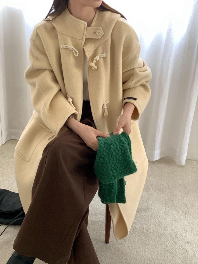 Korean Style Hooded Wool Coat: Women's Mid-Length Double-Faced Cashmere Overcoat with Toggle Buttons for a Slimming Autumn Look