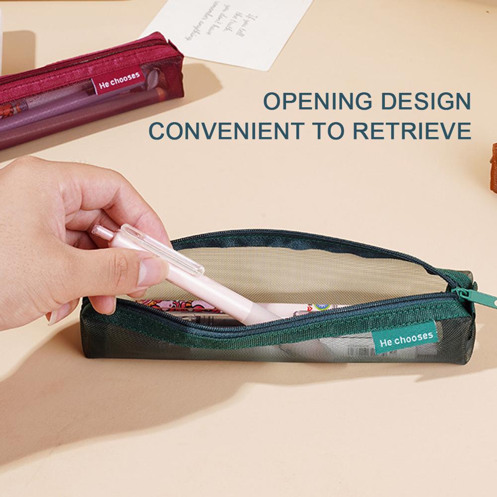 Transparent Mesh Pen Pouch Zippered Pen Holder Multi-Purpose Stationery Pencil Case Bag Large Capacity Pencil Bag For Student
