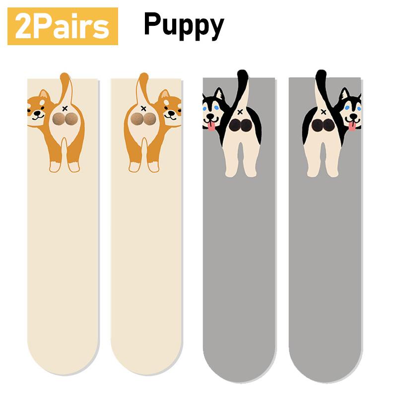1/2Pair Cartoon Cute Dog/Cat Balls Cotton Socks Lolita Knitting Socks Women Girls Middle Tube Sleep Sock Pet Print Floor Sock
