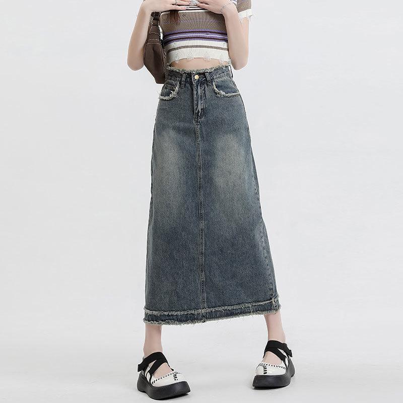 

Юбка-бюстье средней длины из денима в стиле ретро с высокой талией и грушевидной формой, женская, облегающая, с поясом из плотной ткани, с поясом из ткани средней длины, модная джинсовая юбка-бюстье XXL джинсовый